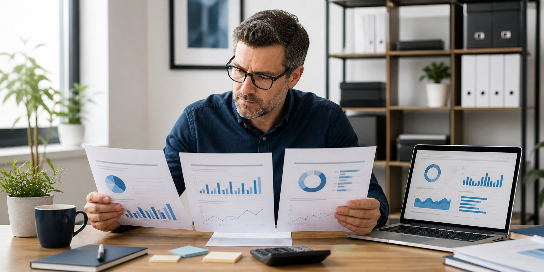 A business owner comparing several monthly financial reports and a dashboard