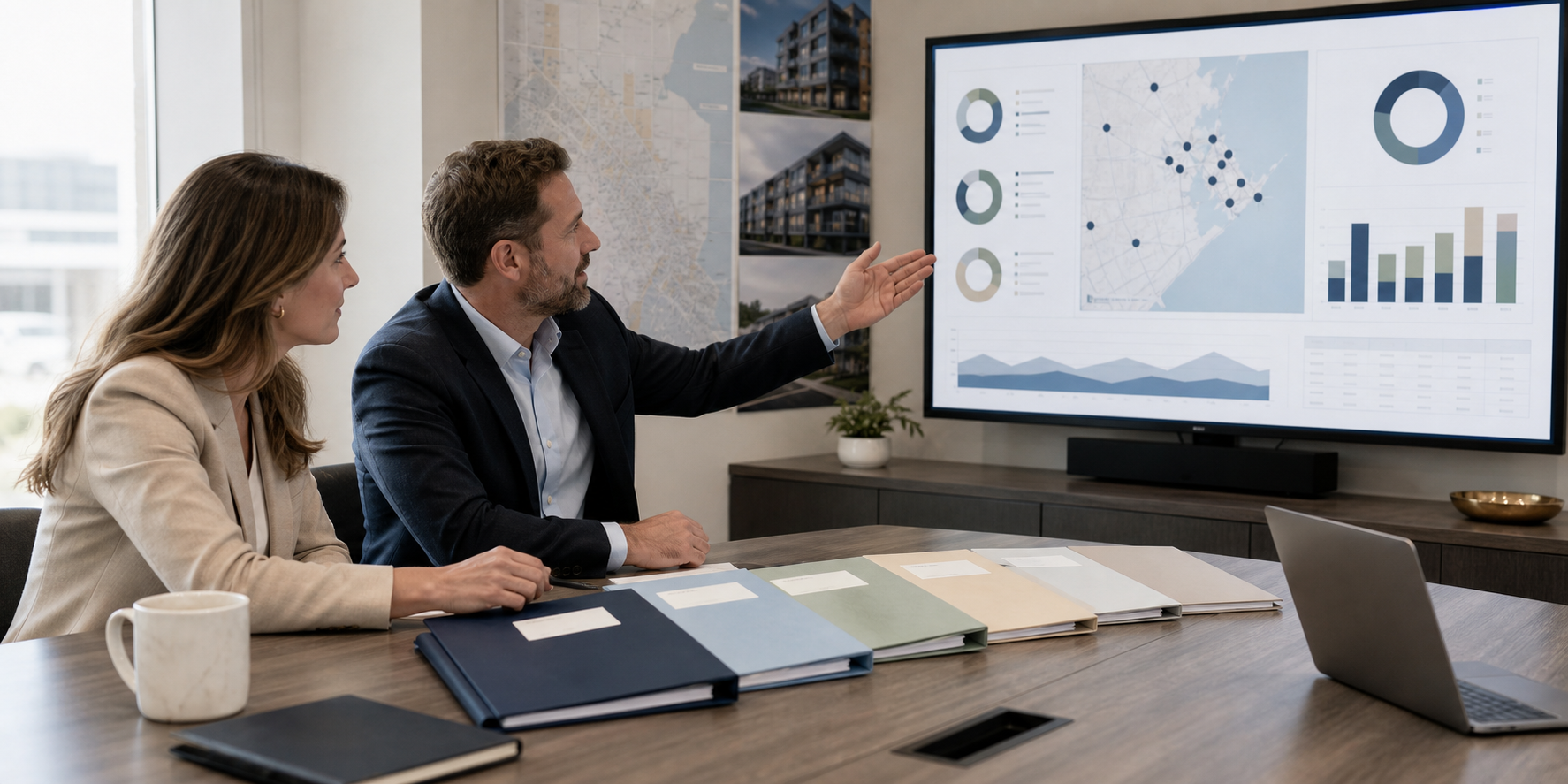 A real estate owner and advisor reviewing multiple entity folders and one portfolio dashboard