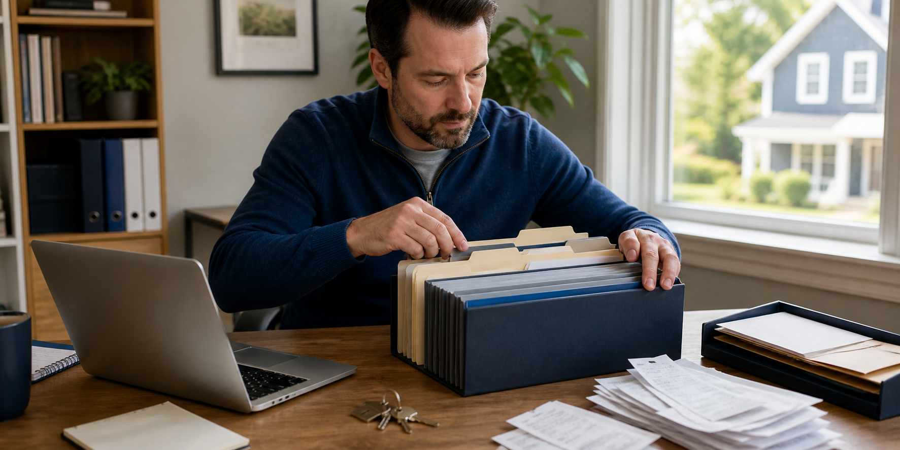 A rental property owner organizing property records, receipts, keys, and digital files
