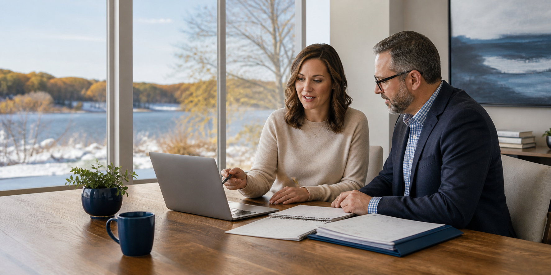 A business owner and advisor having a year-round planning conversation beside a Minnesota lake