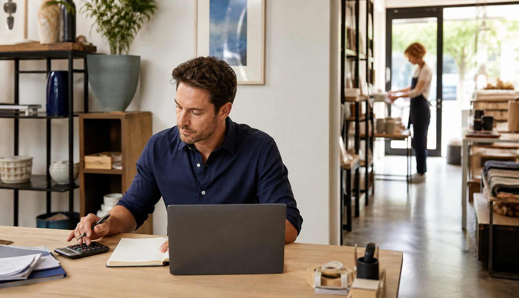 A restaurant owner reviewing business finances at the counter