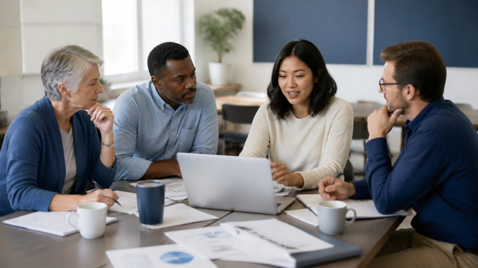 A nonprofit leadership team reviewing plans and financial information